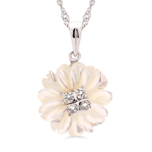 Pingente Flor Madrepérola com 4 Diamantes em Ouro Branco 18k 135391