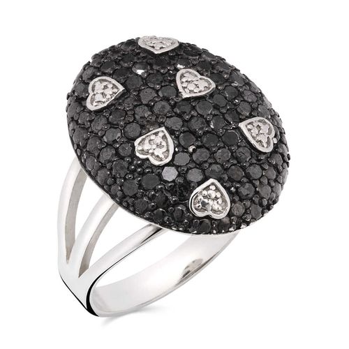 Anel de Prata Oval de Corações com Diamantes Negros e Brancos Aprox. 1 ct 151011
