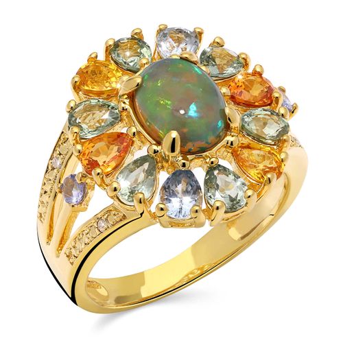 Anel de Prata Oval com Opala, Safiras Coloridas e Diamantes 107160