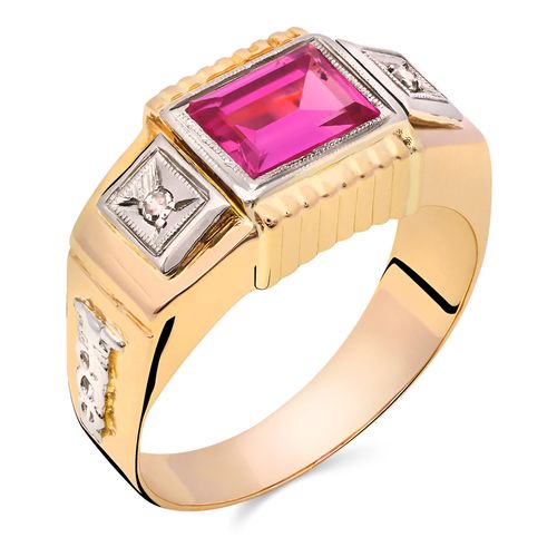 Anel Formatura Pedra Rosa Sintética e Diamantes Ouro Rosé 196668