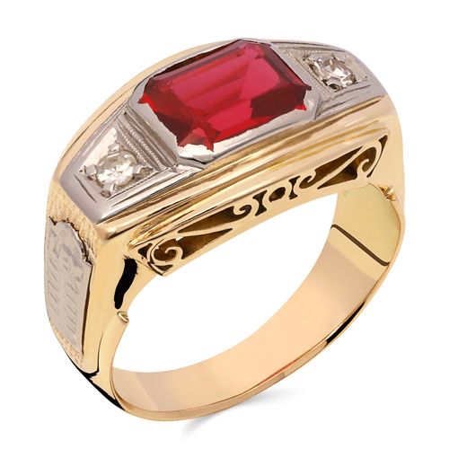 Anel Formatura De Direito Pedra Sintética Vermelha e Diamantes Ouro Rosé 196685