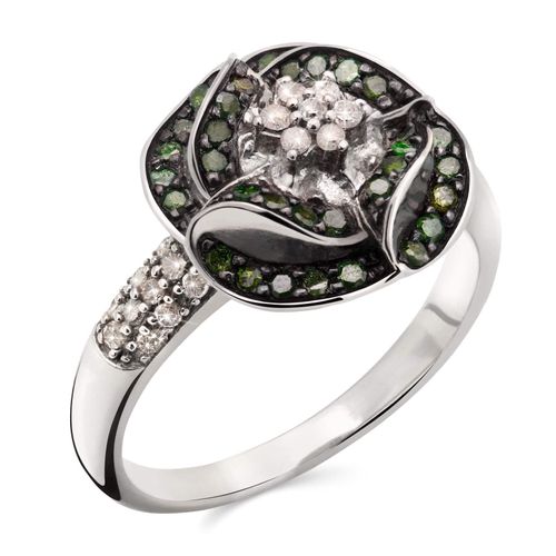 Anel de Prata Flor com Diamantes Verdes e Brancos Aprox. 69 pts 125458