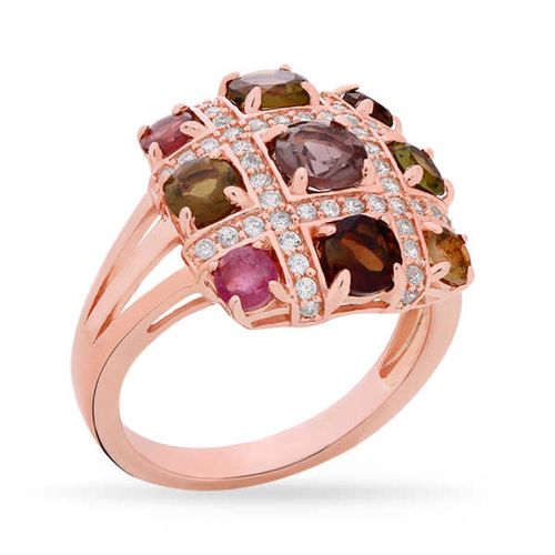 Anel de Prata Quadrado com Turmalinas Coloridas e Zircônias Aprox. 3,10 cts 143061
