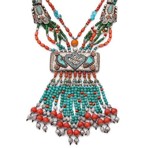 Colar Nepal Retangular com Turquesas e Coral 152951 Colar Nepal Retangular com Turquesas e Coral 152951