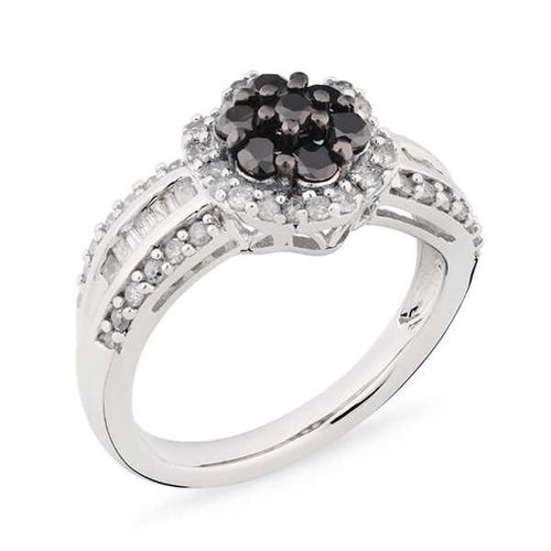 Anel em Prata Flor com Diamantes Brancos e Negros Aprox.1 ct 141920