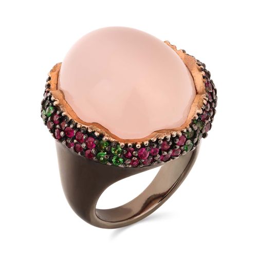 Anel de Prata Luxo com Quartzo Rosa, Granada Verde e Safira Rosa Aprox. 52,24 cts 181068