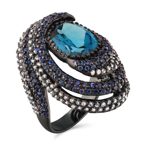 Anel de Prata Luxo com Topazio London Blue, Safiras Azul 10,91 cts 187516