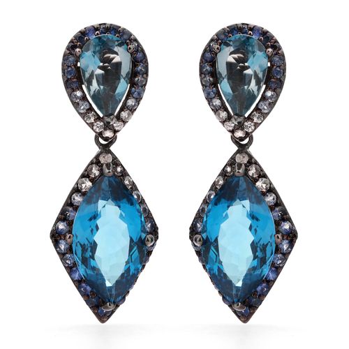 Par de Brinco de Prata com Topazios London Blue, Safiras Azuis e Zirconias Aprox. 17,28 cts 188815