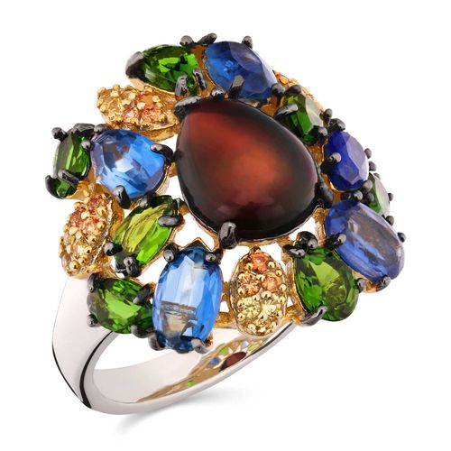 Anel com Opala,8 Crome Diopside,4 Kianites,22 Safiras Laranjas Aprox 5,7 Cts com Banho Ouro amarelo Prata 185293