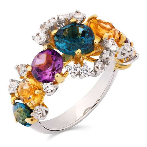Anel 2 Ametistas,2 Citrinos, 3 Topázios London Blue, 18 Zircônias Aprox 6,7 Cts Banho Ouro Amarelo Prata 185484