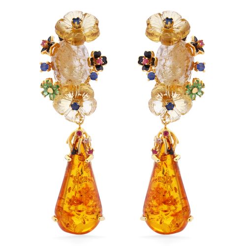 Par de Brinco Floral Âmbar,Quartzo Rutilado,Citrino,Granada Verde,Safiras Azuis,Turmalinas Rosas Banho Ouro Amarelo Prata 195451