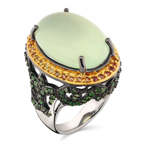 Anel de Prata Luxo com Prenita, Granadas Verdes e Safiras Laranjas Aprox. 25,60 cts 185001