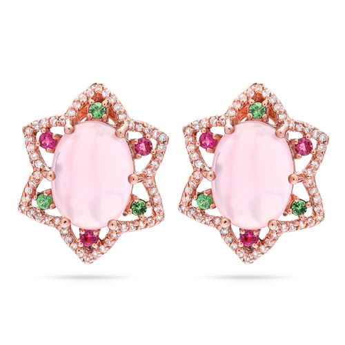 Par de Brinco Com Quartzo Rosa,Granadas Verdes,Turmalinas Rosas,Zircônias Banho Ouro Rosé Prata 195502