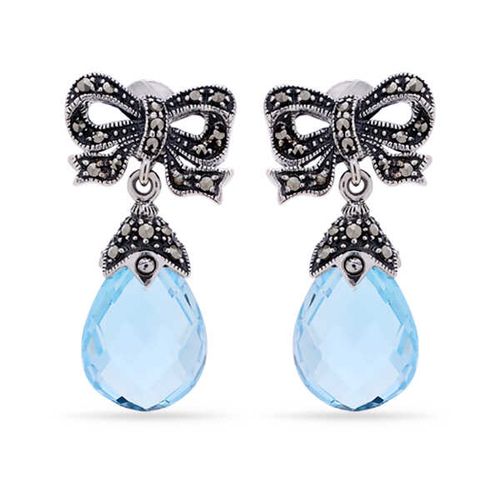 Par de Brinco Lacinho de Prata com Topázio Azul Gota Briolet e Marcassitas 142732