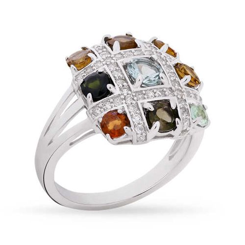 Anel Quadrado de Prata com Turmalinas e Zirconias Aprox. 3,10 cts 143059