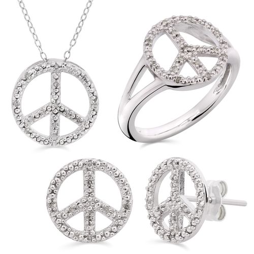 Conjunto de Prata  Paz e Amor com Diamantes 154080