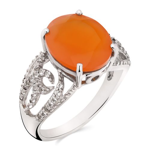 Anel Com Cornalina Oval e Topazios Branco  Prata 160494