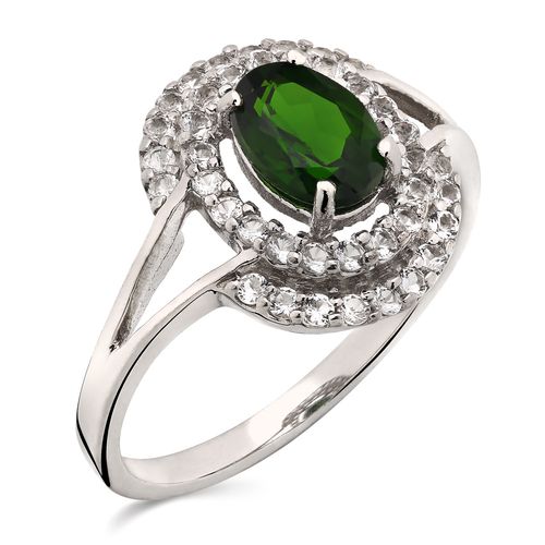 Anel Com Cromo Diopside e Topázios Brancos Prata 158231