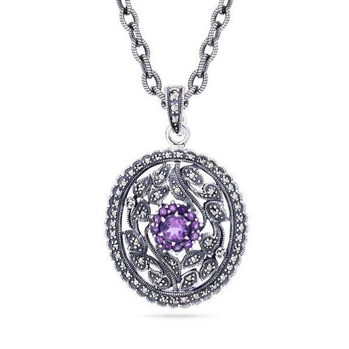 Pingente Oval Rendado de Prata com Flor em Ametista e Marcassitas 142695