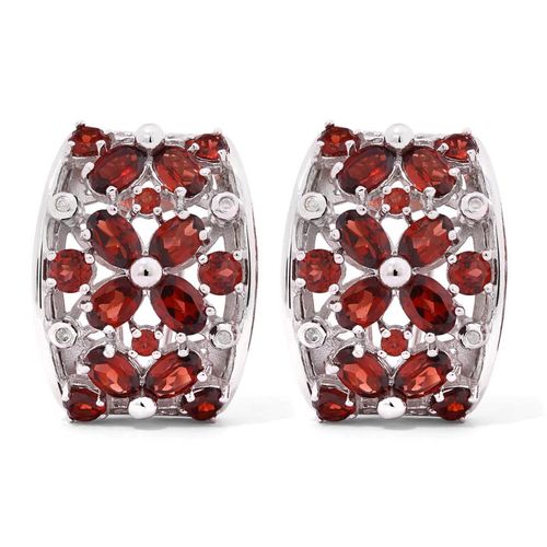 Par de Brinco de Prata Vazado Floral com Granadas e Diamantes Aprox.12,81 cts 100614