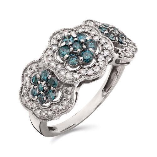 Anel de Prata Florzinhas com Diamantes Azuis e Brancos Aprox. 1 ct 104351