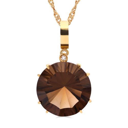 Pingente Topázio Fumê Millenium Cut Redondo com Diamante em Ouro Amarelo 18k 102946