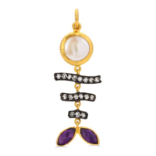 Pingente de Ouro Amarelo com Pérola, Diamantes e Ametistas Ara Collection 128854