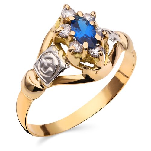 Anel de Formatura com Pedras Azul e Brancas Sinteticas Ouro Amarelo 18 k 196652