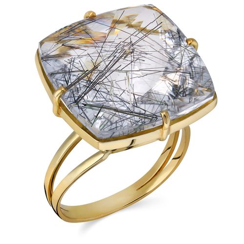 Anel com Quartzo Rutilado Quadrado Linha Ouro Amarelo 18k 197057