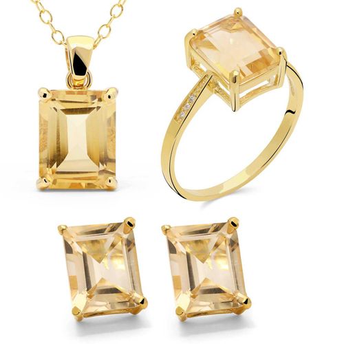Anel, Brinco e Pingente de Prata com Citrino Retangular Aprox. 16 cts 186588