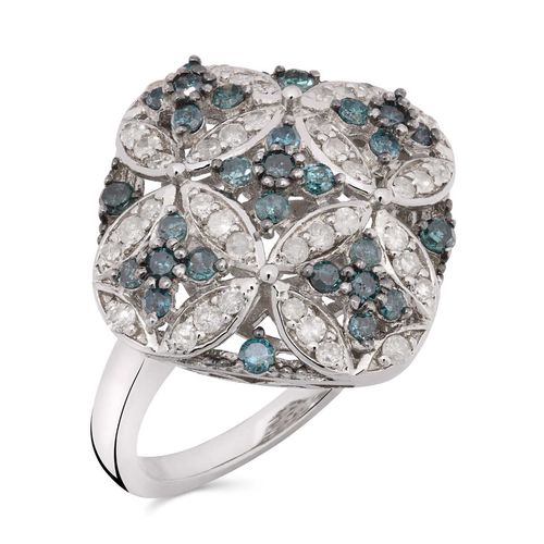 Anel de Prata Losango Vazado com Diamantes Brancos e Azuis Aprox. 1 ct 127450