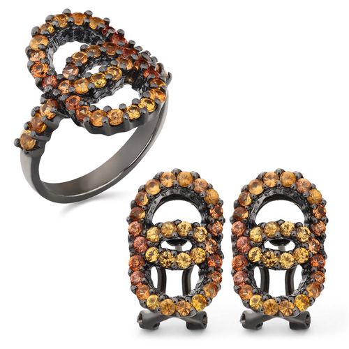 Anel e Par de Brinco de Prata Luxo com 96 Safiras Laranjas Aprox. 3 cts 188366