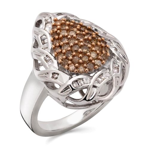 Anel de Prata Gota com Diamantes Champagnes e Brancos Aprox. 50 pts 112597
