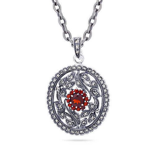 Pingente Oval Rendado de Prata com Flor em Granadas e Marcassitas 142688