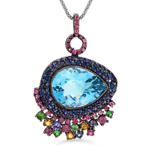 Pingente de Prata Luxo com Topazio Azul, 116 Safiras Coloridas e 3 Tanzanitas Aprox. 36,84 cts 181542