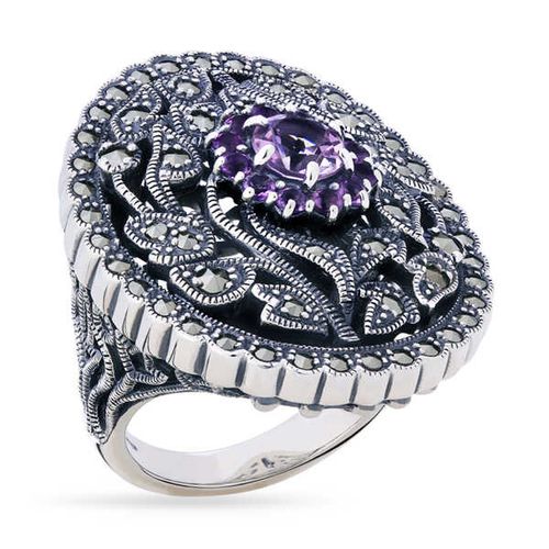 Anel Oval Rendado em Prata com Flor de Ametista e Marcassitas 142694