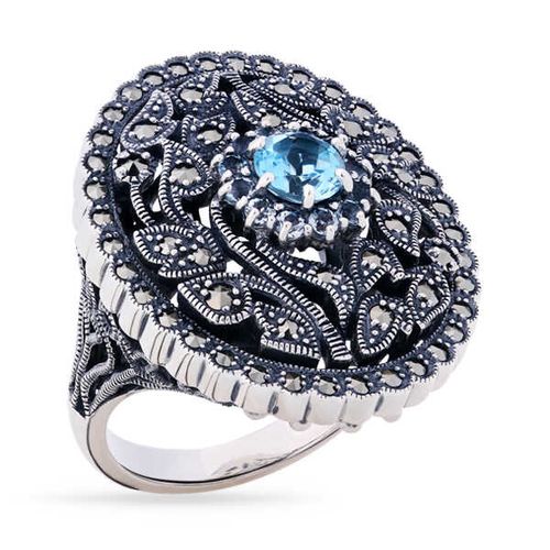 Anel Oval Rendado em Prata com Flor de Topázio Azul e Marcassitas 142691