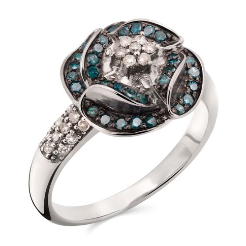 Anel de Prata Flor com Diamantes Azuis e Brancos Aprox. 69 pts 125456