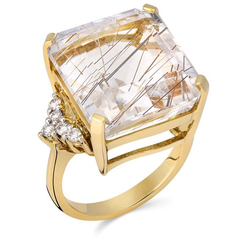 Anel Quartzo Rutilado Quadrado Aprox. 12 cts e Diamantes 20 pts Linha Ouro Amarelo 18k 197058