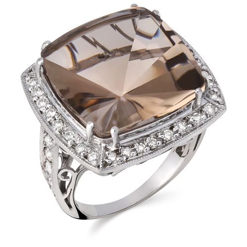 Anel com Topazio Fume Quadrado Aprox. 11 cts e Diamantes Aprox. 47 pts Linha Ouro Branco 18k 197063