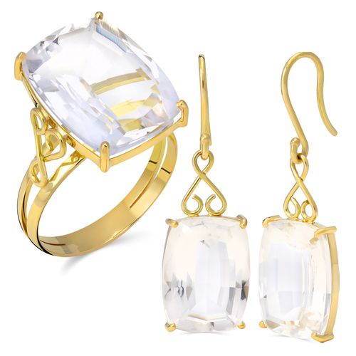 PAR DE BRINCO E ANEL CRISTAL RET. TOT= 28,5 CT AU AM 18K <AR 197038