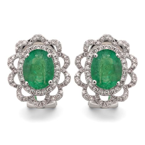 Par de Brinco Flor com 2 Esmeraldas Aprox 3,17 Cts e Diamantes Ouro Branco 191504