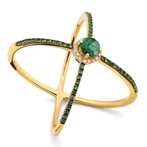 Anel de Ouro X com Esmeralda Aprox. 31 pts e 48 Granadas Verdes Aprox. 17 pts e Diamantes 191522