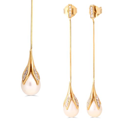 Pingente e Par de Brincos Perolas (8mm) e Diamantes Aprox. 32 pts - Corrente Rabo de Rato 41,5cm - Au Am 18k 179650