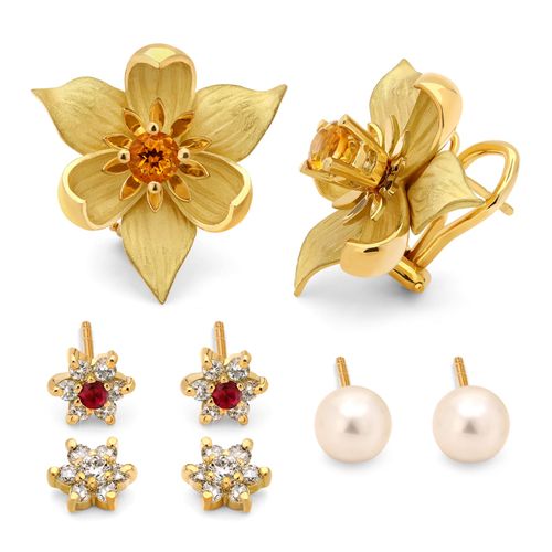 Par de Brinco Giovanni Flor de Ouro com Pedras Preciosas Ajustáveis 126683