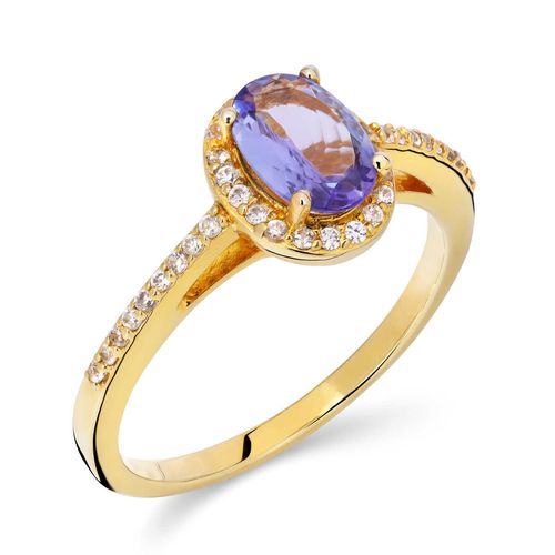 Anel de Prata com Tanzanita Oval e Zirconias Naturais com Banho de Ouro Amarelo 141599