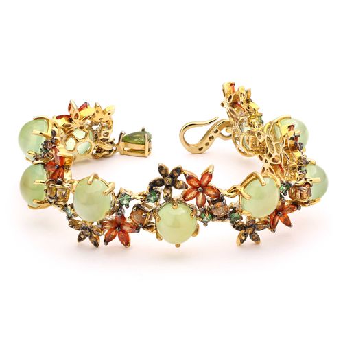 Pulseira de Prata Luxo Floral com Prenitas e Safiras Coloridas 141076