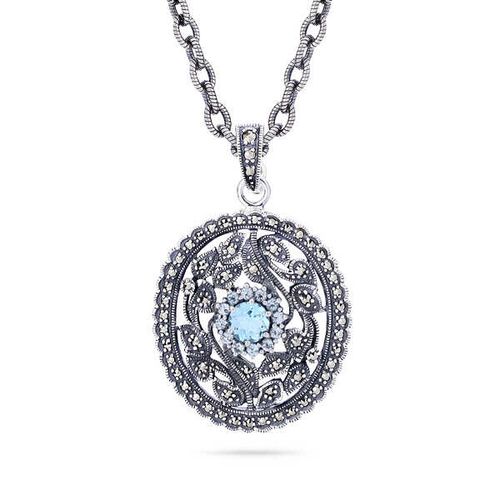 Pingente Oval Rendado de Prata com Flor em Topázio Azul e Marcassitas 142692