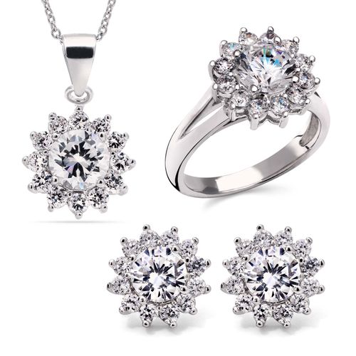 Anel, Brinco e Pingente de Prata Flor com Zircônias Aprox. 8,44 cts 188553