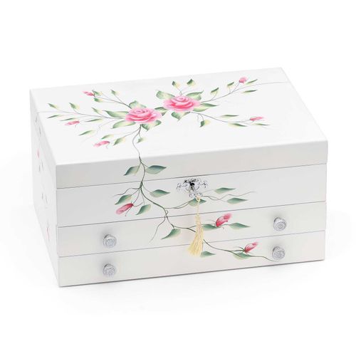 Porta Joia Madeira Branco Com Flores Pintado a Mão 4 Gavetas 131348